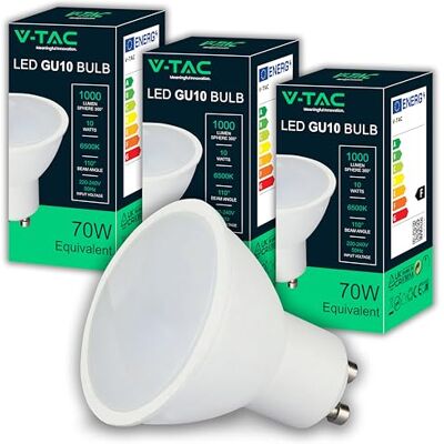 V-TAC 3 x GU10-10 W LED-Lampen, hohe Helligkeit (entspricht 70 W) – 1000 Lumen – LED-Spot GU10 für maximale Effizienz und Energieeinsparung – Kaltweiß 6500 K V-TAC 3 x GU10-10 W LED-Lampen, hohe Helligkeit (entspricht 70 W) – 1000 Lumen – LED-Spot GU10 für maximale Effizienz und Energieeinsparung – Kaltweiß 6500 K