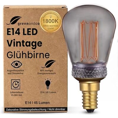 greenandco E14 LED Vintage Glühbirne ST45 smoke 2W 45lm 1800K Retro Edison LED Birne zur Stimmungsbeleuchtung, extra warmweiß, flimmerfrei, nicht dimmbar greenandco E14 LED Vintage Glühbirne ST45 smoke 2W 45lm 1800K Retro Edison LED Birne zur Stimmungsbeleuchtung, extra warmweiß, flimmerfrei, nicht dimmbar