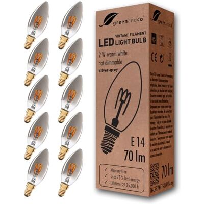 greenandco 10x E14 LED Vintage Glühbirne C35 2W 70lm extra warmweiß, silber Glühfaden Glühbirne E14 Vintage, 1800K, 360° Abstrahlwinkel, 230V, flimmerfrei, nicht dimmbar greenandco 10x E14 LED Vintage Glühbirne C35 2W 70lm extra warmweiß, silber Glühfaden Glühbirne E14 Vintage, 1800K, 360° Abstrahlwinkel, 230V, flimmerfrei, nicht dimmbar