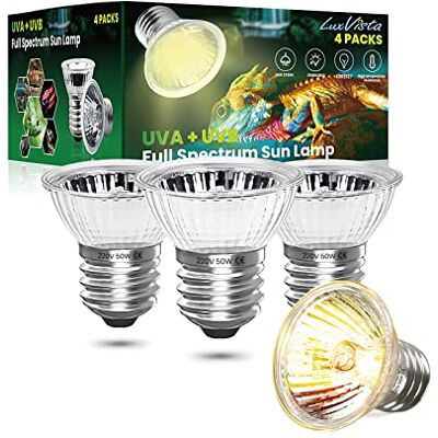 Luxvista UVA UVB Wärmelampe Terrarium Reptilien E27 50W Dimmbar, 4 Stück Reptilien Wärmelampe UV Lampe, AC 220-240V Vollspektrum-Solarbirne für Schildkröte, Schlangen, Eidechsen, Geckos Luxvista UVA UVB Wärmelampe Terrarium Reptilien E27 50W Dimmbar, 4 Stück Reptilien Wärmelampe UV Lampe, AC 220-240V Vollspektrum-Solarbirne für Schildkröte, Schlangen, Eidechsen, Geckos