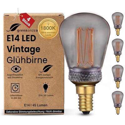 greenandco 4x Vintage Design LED Birne zur Stimmungsbeleuchtung E14 ST45 smoke 2W 45lm 1800K extra warmweiß 320° 230V flimmerfrei nicht dimmbar Edison Glühbirne greenandco 4x Vintage Design LED Birne zur Stimmungsbeleuchtung E14 ST45 smoke 2W 45lm 1800K extra warmweiß 320° 230V flimmerfrei nicht dimmbar Edison Glühbirne
