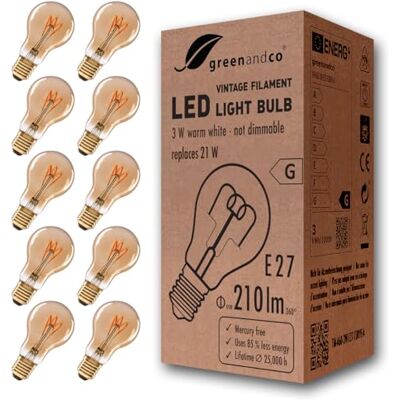 greenandco 10x E27 LED Vintage Glühbirne A60 3W 210lm extra warmweiß, gold Glühfaden Glühbirne E27 Vintage, 2000K, 360° Abstrahlwinkel, 230V, flimmerfrei, nicht dimmbar greenandco 10x E27 LED Vintage Glühbirne A60 3W 210lm extra warmweiß, gold Glühfaden Glühbirne E27 Vintage, 2000K, 360° Abstrahlwinkel, 230V, flimmerfrei, nicht dimmbar