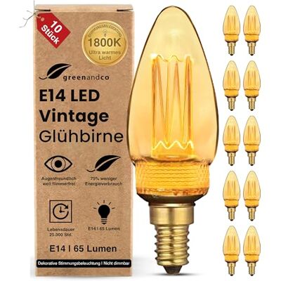 greenandco 10x Vintage Design LED Birne zur Stimmungsbeleuchtung E14 C35 gold 2W 65lm 1800K extra warmweiß 320° 230V flimmerfrei nicht dimmbar Edison Glühbirne greenandco 10x Vintage Design LED Birne zur Stimmungsbeleuchtung E14 C35 gold 2W 65lm 1800K extra warmweiß 320° 230V flimmerfrei nicht dimmbar Edison Glühbirne