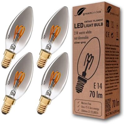 greenandco 4x E14 LED Vintage Glühbirne C35 2W 70lm extra warmweiß, silber Glühfaden Glühbirne E14 Vintage, 1800K, 360° Abstrahlwinkel, 230V, flimmerfrei, nicht dimmbar greenandco 4x E14 LED Vintage Glühbirne C35 2W 70lm extra warmweiß, silber Glühfaden Glühbirne E14 Vintage, 1800K, 360° Abstrahlwinkel, 230V, flimmerfrei, nicht dimmbar