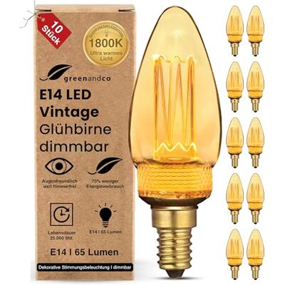 greenandco 10x E14 LED Vintage Glühbirne dimmbar C35 gold 2,3W 65lm 1800K Retro Edison LED Birne zur Stimmungsbeleuchtung, extra warmweiß, flimmerfrei, dimmbar greenandco 10x E14 LED Vintage Glühbirne dimmbar C35 gold 2,3W 65lm 1800K Retro Edison LED Birne zur Stimmungsbeleuchtung, extra warmweiß, flimmerfrei, dimmbar