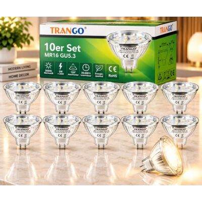 Trango 10er Set MR16030 LED Leuchtmittel mit MR16 Fassung zum Austausch von herkömmlichen Halogen Leuchtmittel MR16 I GU5.3 I G4 12 Volt 3000K warm-weiß Glühlampe, Reflektor Lampe Trango 10er Set MR16030 LED Leuchtmittel mit MR16 Fassung zum Austausch von herkömmlichen Halogen Leuchtmittel MR16 I GU5.3 I G4 12 Volt 3000K warm-weiß Glühlampe, Reflektor Lampe