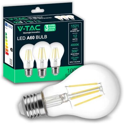 V-TAC 3x LED Glühbirne E27 Filament 12W (Entspricht 100W) A60 Maximale Effizienz 1521 Lumen – Filament Deko – LED Glühlampen Energiesparlampe 3er Pack Neutralweiß 4000K V-TAC 3x LED Glühbirne E27 Filament 12W (Entspricht 100W) A60 Maximale Effizienz 1521 Lumen – Filament Deko – LED Glühlampen Energiesparlampe 3er Pack Neutralweiß 4000K