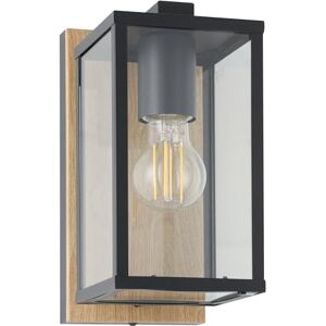 EGLO Wandlampe außen Budrone, Außenbeleuchtung Hauswand, Wand Außenlampe, Außenwandleuchte aus Metall in Schwarz und Holz-Optik, Glas in Transparent, E27 Fassung, IP44 EGLO Wandlampe außen Budrone, Außenbeleuchtung Hauswand, Wand Außenlampe, Außenwandleuchte aus Metall in Schwarz und Holz-Optik, Glas in Transparent, E27 Fassung, IP44