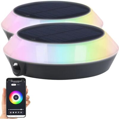Lunartec Solar Licht Garten: 2er-Set Solar-Outdoor-Leuchte, RGB-CCT-LEDs, PIR, Bluetooth, App, 90lm (Smarte Solar Outdoor Leuchten, LED-Solarlicht, Dachrinnenleuchten Bewegungsmelder Nachtlicht) Lunartec Solar Licht Garten: 2er-Set Solar-Outdoor-Leuchte, RGB-CCT-LEDs, PIR, Bluetooth, App, 90lm (Smarte Solar Outdoor Leuchten, LED-Solarlicht, Dachrinnenleuchten Bewegungsmelder Nachtlicht)