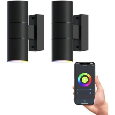 CALEX Smart Outdoor LED Wandleuchte, 2×GU10, Up & Downlight, zylindrische Form, RGB-Farben & kalt- bis warmweiß Licht, dimmbar, wasserdicht, WLAN App- & Sprachsteuerung, Schwarz, 2er Pack CALEX Smart Outdoor LED Wandleuchte, 2×GU10, Up & Downlight, zylindrische Form, RGB-Farben & kalt- bis warmweiß Licht, dimmbar, wasserdicht, WLAN App- & Sprachsteuerung, Schwarz, 2er Pack
