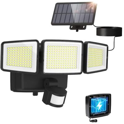 LUTEC Hybride Solar-Batteriebetriebene Außenleuchten mit Bewegungsmelder, 302 LEDs, Wasserdicht, 3-köpfige LED-Flutlichter, energieeffiziente Hybride Sicherheitsleuchte für Garten, Terrasse LUTEC Hybride Solar-Batteriebetriebene Außenleuchten mit Bewegungsmelder, 302 LEDs, Wasserdicht, 3-köpfige LED-Flutlichter, energieeffiziente Hybride Sicherheitsleuchte für Garten, Terrasse