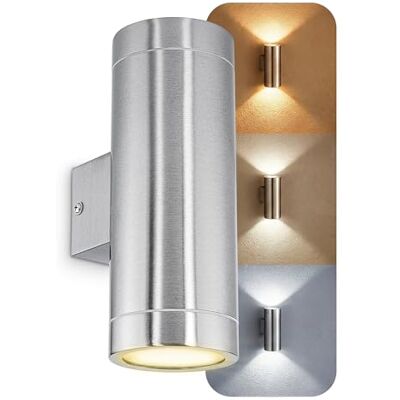 SSC-LUXon TIRA LED Außenwandleuchte Up & Down Edelstahl IP44 GU10 3W 3 Lichtfarben Edelstahl-Wandlampe mit Up-Down-Licht für Hauswand, Terrasse & Garten wetterfest, rund Ø76mm, Höhe 210mm SSC-LUXon TIRA LED Außenwandleuchte Up & Down Edelstahl IP44 GU10 3W 3 Lichtfarben Edelstahl-Wandlampe mit Up-Down-Licht für Hauswand, Terrasse & Garten wetterfest, rund Ø76mm, Höhe 210mm