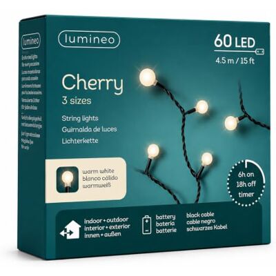 Lumineo LED Lichterkette Cherry 4,5m Batterie 60 LEDs Warmweiß/Schwarz Outdoor Lichtergirlande mit Kugeln Kugellichterkette Dekobeleuchtung Leuchtkugeln mit Timer für Innen Außen Garten Balkon Lumineo LED Lichterkette Cherry 4,5m Batterie 60 LEDs Warmweiß/Schwarz Outdoor Lichtergirlande mit Kugeln Kugellichterkette Dekobeleuchtung Leuchtkugeln mit Timer für Innen Außen Garten Balkon