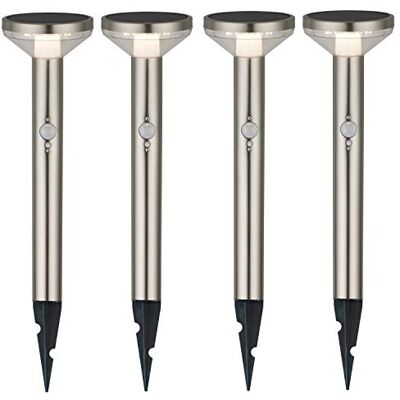 Maclean 4er Pack Solar LED-Leuchte – 3 Modi, Bewegungssensor, IP44, 220 Lumen, 4000K, Li-Ion Akku, Gartenbeleuchtung mit Erdspieß (Chrom matt, 4 Stück) Maclean 4er Pack Solar LED-Leuchte – 3 Modi, Bewegungssensor, IP44, 220 Lumen, 4000K, Li-Ion Akku, Gartenbeleuchtung mit Erdspieß (Chrom matt, 4 Stück)