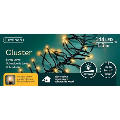 Lumineo Lichterkette Cluster klassisch warm 144 LEDs 1,3 Meter schwarzes Kabel Indoor & Outdoor Timer dimmbar IP44 Schutz Lumineo Lichterkette Cluster klassisch warm 144 LEDs 1,3 Meter schwarzes Kabel Indoor & Outdoor Timer dimmbar IP44 Schutz