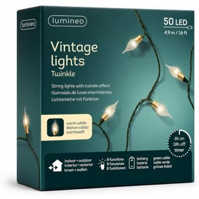 Lumineo LED Lichterkette 4,9m Kerzenlampen Batterie 50 LEDs Warmweiß/Grün Outdoor LED Girlande mit Timer / Twinkle Effekt 8 Leuchtmodi Flammenform Lichtergirlande IP44 für Garten Balkon Raumdeko Lumineo LED Lichterkette 4,9m Kerzenlampen Batterie 50 LEDs Warmweiß/Grün Outdoor LED Girlande mit Timer / Twinkle Effekt 8 Leuchtmodi Flammenform Lichtergirlande IP44 für Garten Balkon Raumdeko