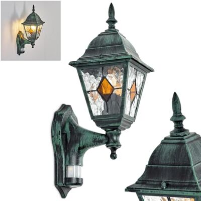 HOFSTEIN Außenwandleuchte Naofe, Außenwandlampe mit Bewegungsmelder aus Metall/Glas in Grün/Schwarz/Klar/Orange, Wandleuchte außen Vintage/Antik/Landhaus, E27, IP44, Garten, Hof, Außenbereich, Haustür HOFSTEIN Außenwandleuchte Naofe, Außenwandlampe mit Bewegungsmelder aus Metall/Glas in Grün/Schwarz/Klar/Orange, Wandleuchte außen Vintage/Antik/Landhaus, E27, IP44, Garten, Hof, Außenbereich, Haustür