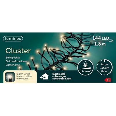 Lumineo Lichterkette Cluster warm weiß 144 LEDs 1,3 Meter schwarzes Kabel Indoor & Outdoor Timer dimmbar IP44 Schutz Lumineo Lichterkette Cluster warm weiß 144 LEDs 1,3 Meter schwarzes Kabel Indoor & Outdoor Timer dimmbar IP44 Schutz
