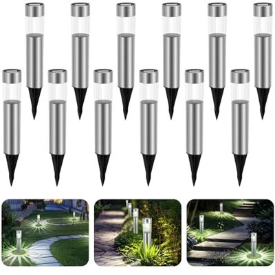 Aigostar 12er Set Edelstahl Solarleuchte mit Erdspieß Kaltweiß 6500K, IP44 Schutzart, Automatische Beleuchtung, Gartenbeleuchtung Solar für Außen, Gartendeko, Terrasse, Rasen Aigostar 12er Set Edelstahl Solarleuchte mit Erdspieß Kaltweiß 6500K, IP44 Schutzart, Automatische Beleuchtung, Gartenbeleuchtung Solar für Außen, Gartendeko, Terrasse, Rasen