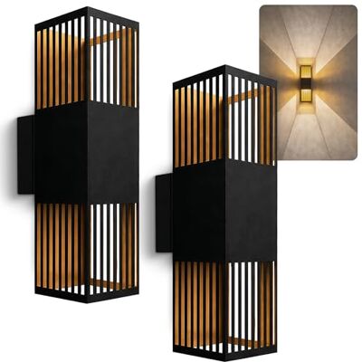 SSC-LUXon REVALO Wandleuchte 2er schwarz-gold Up & Down warmweiß IP65 Zwei eckige Up-Down-Wandleuchten schwarz-gold warmweißes Licht mit Schatteneffekt für Fassade, Terrasse & Wohnraum, IP65 SSC-LUXon REVALO Wandleuchte 2er schwarz-gold Up & Down warmweiß IP65 Zwei eckige Up-Down-Wandleuchten schwarz-gold warmweißes Licht mit Schatteneffekt für Fassade, Terrasse & Wohnraum, IP65