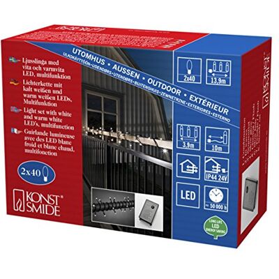 Konstsmide Mini LED Lichterkette, mit Multifunktion, Steuergerät und Memoryfunktion, 40 warm weiße & 40 kalt weiße Dioden, 24V Außentrafo, schwarzes Kabel 6404-150 Konstsmide Mini LED Lichterkette, mit Multifunktion, Steuergerät und Memoryfunktion, 40 warm weiße & 40 kalt weiße Dioden, 24V Außentrafo, schwarzes Kabel 6404-150
