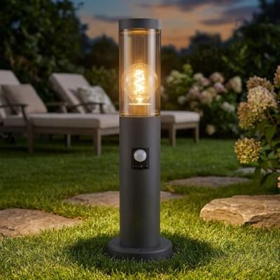 GLOBO Außenbeleuchtung Standleuchte Sockelleuchte rauch anthrazit Außen mit Bewegungsmelder Garten Stehlampe, Edelstahl Kunststoff, 1x E27, DxH 7,6x45 cm GLOBO Außenbeleuchtung Standleuchte Sockelleuchte rauch anthrazit Außen mit Bewegungsmelder Garten Stehlampe, Edelstahl Kunststoff, 1x E27, DxH 7,6x45 cm