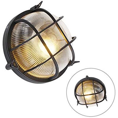 Qazqa Industrie außen Wandleuchte, Außenlampe mit Glas, Wandlampe für den Garten Nautica Schwarz, max. 60W, Geeignet für LED, 26cm, IP44, Rund Qazqa Industrie außen Wandleuchte, Außenlampe mit Glas, Wandlampe für den Garten Nautica Schwarz, max. 60W, Geeignet für LED, 26cm, IP44, Rund