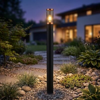 GLOBO Wegeleuchte Pollerleuchte außen Gartenlampen schwarz IP44, Standleuchte Terrasse Balkon, Edelstahl Kupfer rauchfarben, 1x E27 Fassung, DxH 12,7x110cm GLOBO Wegeleuchte Pollerleuchte außen Gartenlampen schwarz IP44, Standleuchte Terrasse Balkon, Edelstahl Kupfer rauchfarben, 1x E27 Fassung, DxH 12,7x110cm