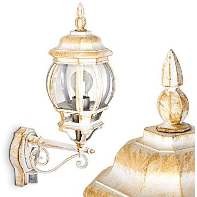 HOFSTEIN Außenwandleuchte Lentua, Außenwandlampe mit Bewegungsmelder aus Metall/Kunststoff in Weiß-Gold/Klar, Wandleuchte Up im Retro/Vintage-Design, E27, IP44, Eingangsbereich, Terrasse, Haustür, Hof HOFSTEIN Außenwandleuchte Lentua, Außenwandlampe mit Bewegungsmelder aus Metall/Kunststoff in Weiß-Gold/Klar, Wandleuchte Up im Retro/Vintage-Design, E27, IP44, Eingangsbereich, Terrasse, Haustür, Hof