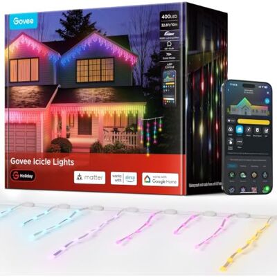 Govee Eiszapfen Lichterkette 10M, 400 LED Intelligente RGBIC Lichtervorhang Lichterkette außen, Wasserdicht nach IP67, 78+ Szenenmodi, Musik sync, Kompatibel mit Alexa & Google Assistant Govee Eiszapfen Lichterkette 10M, 400 LED Intelligente RGBIC Lichtervorhang Lichterkette außen, Wasserdicht nach IP67, 78+ Szenenmodi, Musik sync, Kompatibel mit Alexa & Google Assistant