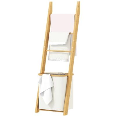 HOMCOM Handtuchhalter Badregal 48L-Wäschekorb 43 x 35 x 133 cm Cremeweiß Abnehmbarer Wäschekorb, 3 Handtuchstangen, Handtuchleiter aus Bambus, Handtuchständer, für Wohnzimmer, Badezimmer HOMCOM Handtuchhalter Badregal 48L-Wäschekorb 43 x 35 x 133 cm Cremeweiß Abnehmbarer Wäschekorb, 3 Handtuchstangen, Handtuchleiter aus Bambus, Handtuchständer, für Wohnzimmer, Badezimmer