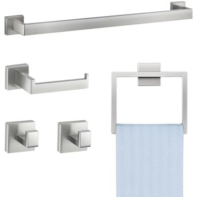 VEVOR Badezimmer Hardware Zubehör Set aus Edelstahl 304 (5-TLG.) inkl. Handtuchstange & Handtuchhalter (quadratischer Ring) & 2 Haken & Toilettenpapierhalter, für Badezimmer, Wandmontage Silber VEVOR Badezimmer Hardware Zubehör Set aus Edelstahl 304 (5-TLG.) inkl. Handtuchstange & Handtuchhalter (quadratischer Ring) & 2 Haken & Toilettenpapierhalter, für Badezimmer, Wandmontage Silber
