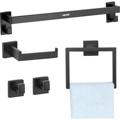 VEVOR Badezimmer Hardware Zubehör Set aus Edelstahl (5-TLG.) inkl. Handtuchstange & Handtuchhalter (quadratischer Ring) & 2 Haken & Toilettenpapierhalter, für Badezimmer, Wandmontage Schwarz VEVOR Badezimmer Hardware Zubehör Set aus Edelstahl (5-TLG.) inkl. Handtuchstange & Handtuchhalter (quadratischer Ring) & 2 Haken & Toilettenpapierhalter, für Badezimmer, Wandmontage Schwarz