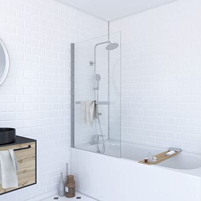 AURLANE TSHAPE Chrom-Badewannenabtrennung, drehbar, mit Handtuchhalter, 85 x 150 cm, verchromtes Profil – Glas 6 mm AURLANE TSHAPE Chrom-Badewannenabtrennung, drehbar, mit Handtuchhalter, 85 x 150 cm, verchromtes Profil – Glas 6 mm