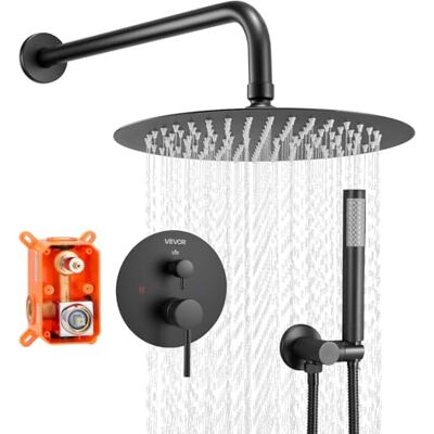 VEVOR Duscharmatur Regenduschsystem fürs Badezimmer Duschsystem mit 254 mm runden Regenduschkopf & Handbrause, wandmontierte Badezimmerarmaturen mit Messingventil & Zierset, Mattschwarz VEVOR Duscharmatur Regenduschsystem fürs Badezimmer Duschsystem mit 254 mm runden Regenduschkopf & Handbrause, wandmontierte Badezimmerarmaturen mit Messingventil & Zierset, Mattschwarz