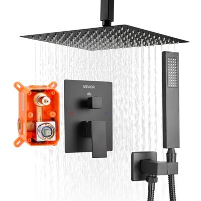 VEVOR Duscharmatur Regenduschsystem fürs Badezimmer Duschsystem mit 305 mm quadratischen Regenduschkopf & Handbrause, wandmontierte Badezimmerarmaturen mit Messingventil & Zierset, Mattschwarz VEVOR Duscharmatur Regenduschsystem fürs Badezimmer Duschsystem mit 305 mm quadratischen Regenduschkopf & Handbrause, wandmontierte Badezimmerarmaturen mit Messingventil & Zierset, Mattschwarz