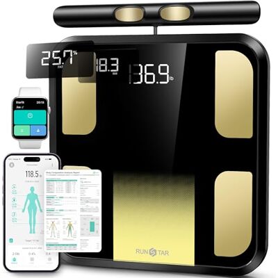 runstar Körperfettwaage, Personenwaage digital mit 8 Elektroden für Körpergewicht und Körperfett, BMI, Muskelmasse und Analyse von 28 Körpermaße App-Nutzung, 3-Metrik-Anzeige, 180kg runstar Körperfettwaage, Personenwaage digital mit 8 Elektroden für Körpergewicht und Körperfett, BMI, Muskelmasse und Analyse von 28 Körpermaße App-Nutzung, 3-Metrik-Anzeige, 180kg