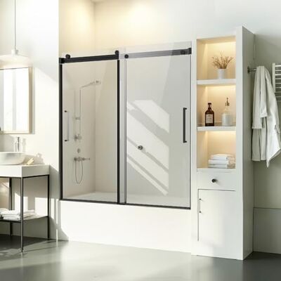 VEVOR Rahmenlose Schiebetür für Badewanne Duschglastür (1422-1524 x 1524 mm), Schiebetür für Badewanne mit 5/16 Zoll klarem gehärtetem Glas und Edelstahlgriff, schwarzes Finish VEVOR Rahmenlose Schiebetür für Badewanne Duschglastür (1422-1524 x 1524 mm), Schiebetür für Badewanne mit 5/16 Zoll klarem gehärtetem Glas und Edelstahlgriff, schwarzes Finish