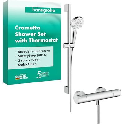 Hansgrohe Crometta Duschset mit Thermostat Ecostat 1001 CL, runder Duschkopf mit Brausestange 65 cm, Duschkopfhalterung und Brauseschlauch 1,60m, Duschbrause mit 2 Strahlarten, Weiß-Chrom, 27812400 Hansgrohe Crometta Duschset mit Thermostat Ecostat 1001 CL, runder Duschkopf mit Brausestange 65 cm, Duschkopfhalterung und Brauseschlauch 1,60m, Duschbrause mit 2 Strahlarten, Weiß-Chrom, 27812400