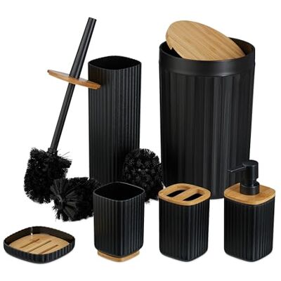 Relaxdays Badezimmer Set, 6-teilig, Badaccessoires Kunststoff & Bambus, komplettes Badzubehör-Set, Badset, schwarz/Natur Relaxdays Badezimmer Set, 6-teilig, Badaccessoires Kunststoff & Bambus, komplettes Badzubehör-Set, Badset, schwarz/Natur
