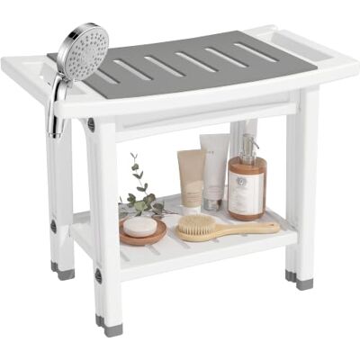 HOMCOM Duschbank 56 cm, 2 Ablagen, Sitzbank mit 4 Beinen und Regal, Badezimmerhocker, Weiß/Grau HOMCOM Duschbank 56 cm, 2 Ablagen, Sitzbank mit 4 Beinen und Regal, Badezimmerhocker, Weiß/Grau