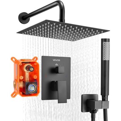 VEVOR Duscharmatur Regenduschsystem fürs Badezimmer Duschsystem mit 254 mm quadratischen Regenduschkopf & Handbrause, wandmontierte Badezimmerarmaturen mit Messingventil & Zierset, Mattschwarz VEVOR Duscharmatur Regenduschsystem fürs Badezimmer Duschsystem mit 254 mm quadratischen Regenduschkopf & Handbrause, wandmontierte Badezimmerarmaturen mit Messingventil & Zierset, Mattschwarz
