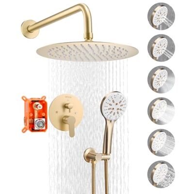 VEVOR Duscharmatur Regenduschsystem fürs Badezimmer Duschsystem mit 254 mm runden Regenduschkopf & Handbrause, wandmontierte Badezimmerarmaturen mit Messingventil & Zierset, gebürstetes Gold VEVOR Duscharmatur Regenduschsystem fürs Badezimmer Duschsystem mit 254 mm runden Regenduschkopf & Handbrause, wandmontierte Badezimmerarmaturen mit Messingventil & Zierset, gebürstetes Gold