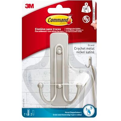 Command Badezimmer Doppelhaken, Satin Nickel, Groß, 1 Haken und 2 Große Strips, Organisieren ohne Löcher und Bohren Haltekraft bis zu 1,8 kg Command Badezimmer Doppelhaken, Satin Nickel, Groß, 1 Haken und 2 Große Strips, Organisieren ohne Löcher und Bohren Haltekraft bis zu 1,8 kg