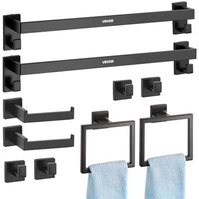 VEVOR Badezimmer Hardware Zubehör Set (10-TLG.) inkl. 2 Handtuchstangen & 2 Handtuchhalter (quadratischer Ring) & 2 4 Haken & 2 Toilettenpapierhalter, für Badezimmer, Wandmontage Mattschwarz VEVOR Badezimmer Hardware Zubehör Set (10-TLG.) inkl. 2 Handtuchstangen & 2 Handtuchhalter (quadratischer Ring) & 2 4 Haken & 2 Toilettenpapierhalter, für Badezimmer, Wandmontage Mattschwarz