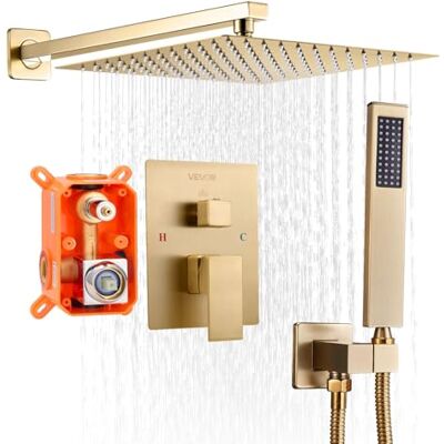 VEVOR Duscharmatur Regenduschsystem fürs Badezimmer Duschsystem mit 254 mm quadratischen Regenduschkopf & Handbrause, wandmontierte Badezimmerarmaturen mit Messingventil & Zierset, gebürstetes Gold VEVOR Duscharmatur Regenduschsystem fürs Badezimmer Duschsystem mit 254 mm quadratischen Regenduschkopf & Handbrause, wandmontierte Badezimmerarmaturen mit Messingventil & Zierset, gebürstetes Gold