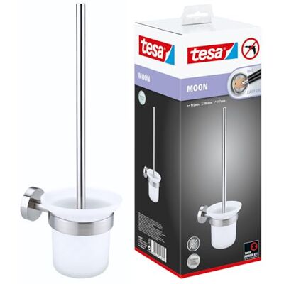 tesa Moon WC-Garnitur, satiniertes Glas und verchromter Edelstahl Toilettenbürsten-Set zur Wandbefestigung ohne Bohren, inkl. Klebelösung 115mm x 390mm x 147mm tesa Moon WC-Garnitur, satiniertes Glas und verchromter Edelstahl Toilettenbürsten-Set zur Wandbefestigung ohne Bohren, inkl. Klebelösung 115mm x 390mm x 147mm