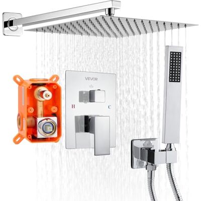 VEVOR Duscharmatur Regenduschsystem fürs Badezimmer Duschsystem mit 305 mm quadratischen Regenduschkopf & Handbrause, wandmontierte Badezimmerarmaturen mit Messingventil & Zierset, Silberchrom VEVOR Duscharmatur Regenduschsystem fürs Badezimmer Duschsystem mit 305 mm quadratischen Regenduschkopf & Handbrause, wandmontierte Badezimmerarmaturen mit Messingventil & Zierset, Silberchrom