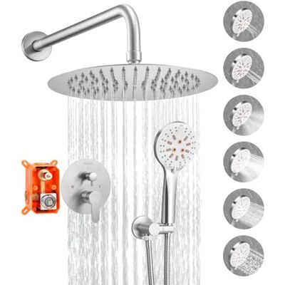 VEVOR Duscharmatur Regenduschsystem fürs Badezimmer Duschsystem mit 254 mm runden Regenduschkopf & Handbrause, wandmontierte Badezimmerarmaturen mit Messingventil & Zierset, gebürstetes Nickel VEVOR Duscharmatur Regenduschsystem fürs Badezimmer Duschsystem mit 254 mm runden Regenduschkopf & Handbrause, wandmontierte Badezimmerarmaturen mit Messingventil & Zierset, gebürstetes Nickel