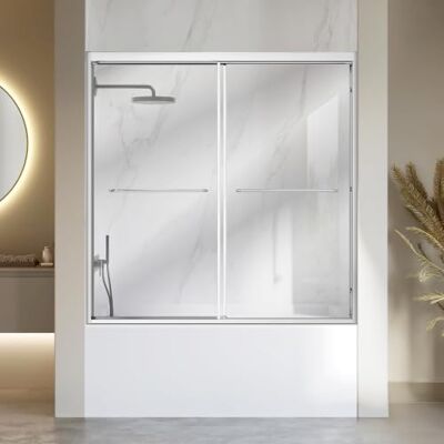 VEVOR Duschwand für Badewanne 1524x1524 mm Teilgerahmt 6 mm Silber Badewannenaufsatz Klares Sicherheitsglas Schlanker Aluminiumrahmen Doppelschiebetür mit 2 Edelstahlgriffen VEVOR Duschwand für Badewanne 1524x1524 mm Teilgerahmt 6 mm Silber Badewannenaufsatz Klares Sicherheitsglas Schlanker Aluminiumrahmen Doppelschiebetür mit 2 Edelstahlgriffen